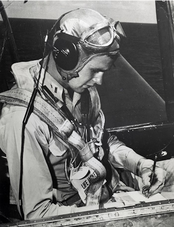 Future American President George H. W. Bush, in a TBM Avenger on the light aircraft carrier USS San Jacinto in 1944